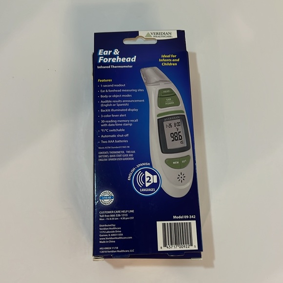 New Veridian Healthcare Instant Read Ear & Forehead Infrared Thermometer Audible - Picture 3 of 3